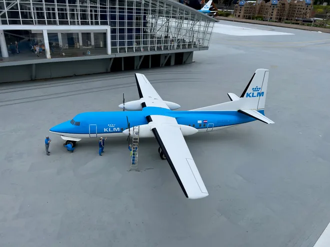 A model KLM turboprop with miniature ground crew at the Madurodam miniature park