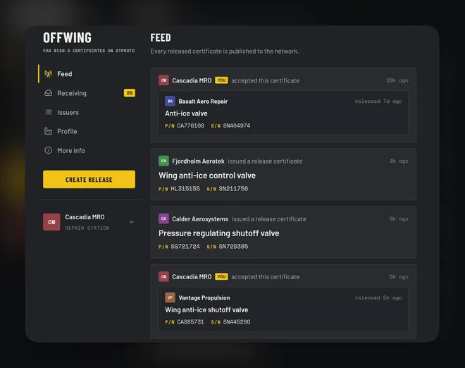 The Offwing feed, listing release certificates as repair stations issue and accept them, each with its part and serial number